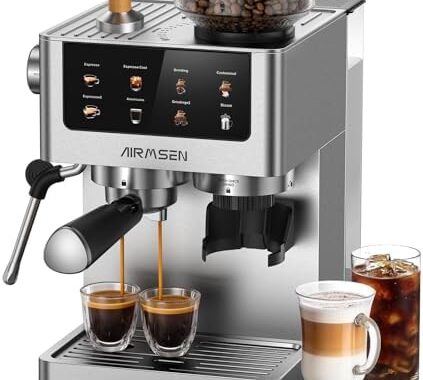 AIRMSEN Espresso Machines with Burr Grinder, 20 Bar, Milk Frother Steam Wand, Stainless Steel Coffee Maker for Home – Cappuccino Latte & ​​Cold Brew​​ Iced Coffee Maker & Americano