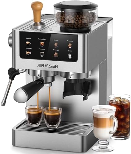 AIRMSEN Espresso Machines with Burr Grinder, 20 Bar, Milk Frother Steam Wand, Stainless Steel Coffee Maker for Home - Cappuccino Latte & ​​Cold Brew​​ Iced Coffee Maker & Americano
