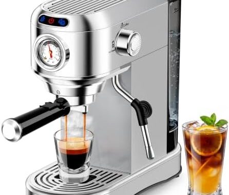Espresso Machine 20 Bar, Compact Espresso Coffee Machine with Milk Frother, Stainless Steel Coffee Maker with 34oz Removable Water Tank, Cappuccino Machine for Home, Office, Latte (Silver)